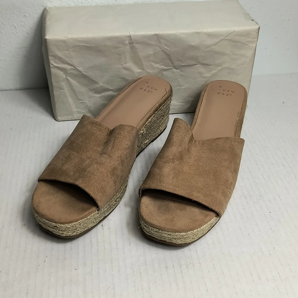 a.new.day Mavis Size 9 Tan Espadrille Wedges Slide Sandals Shoes Boho